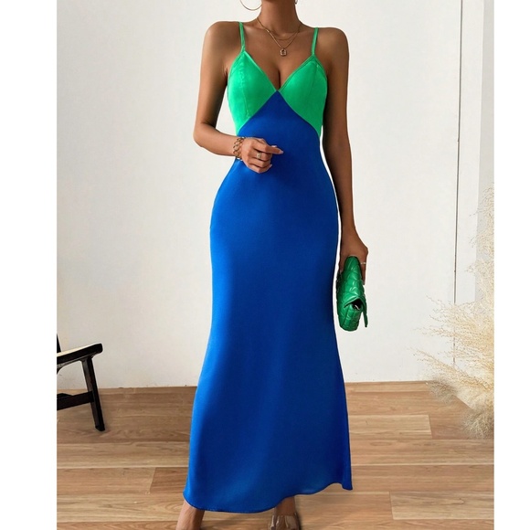 Colorblock Plunging Neck Zipper Cami Strap Slip Maxi Dress - Picture 1 of 7